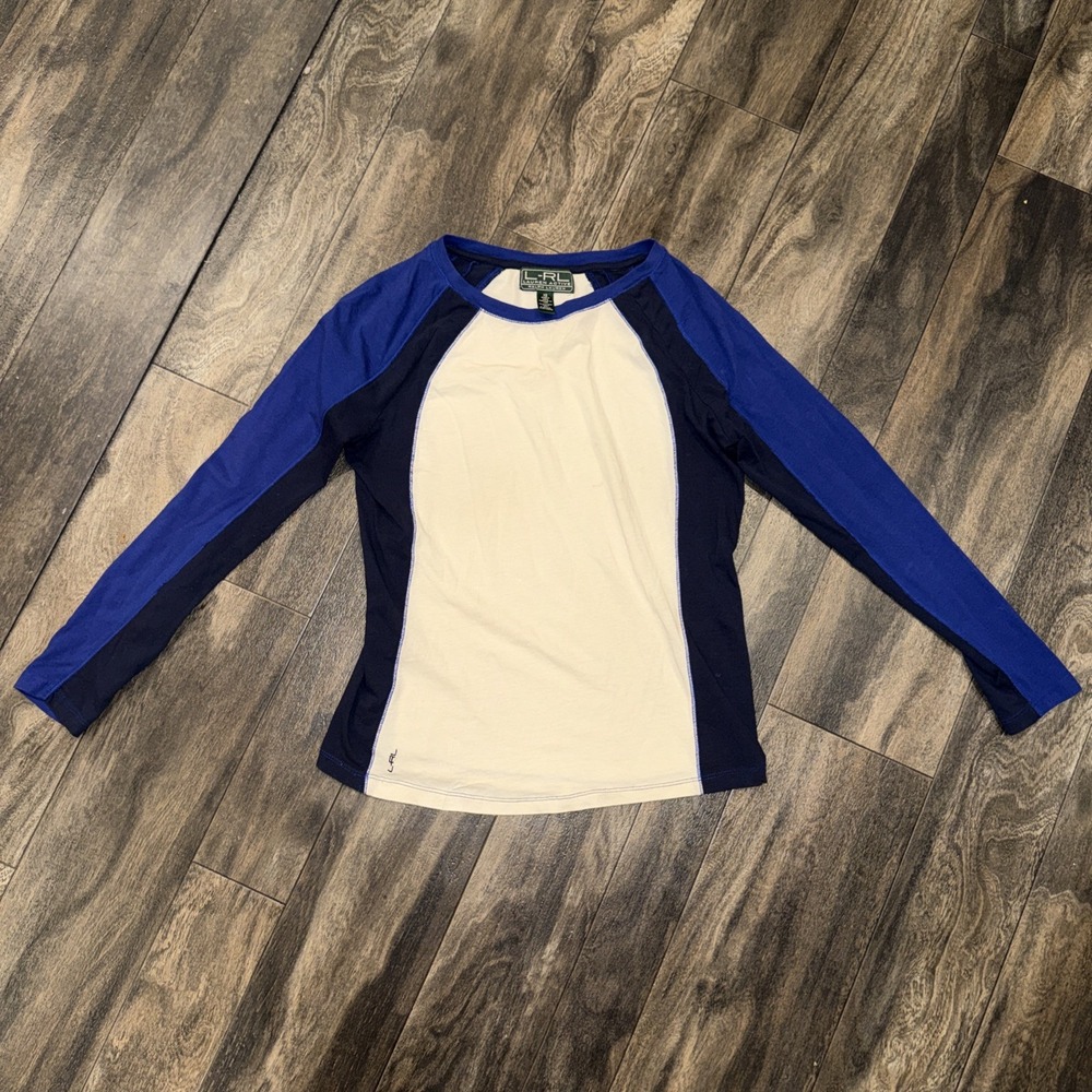 LRL Lauren Active Women's XS Long-sleeve White & Blue Slim Top